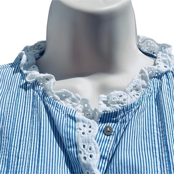 ZARA WOMEN button up blue pinstripe blouse white lace trim size small - Picture 2 of 8